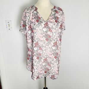 BTFBM Pink & Gray Floral Top, V-neck, Short Flowy Sleeves, Size XL